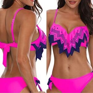 Holipick Pink Ruffle Push Up Halter Bikini Swim Top